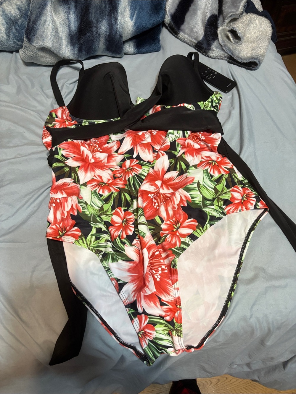 Women’s Black One-Piece Swimsuit with Red Floral Print
